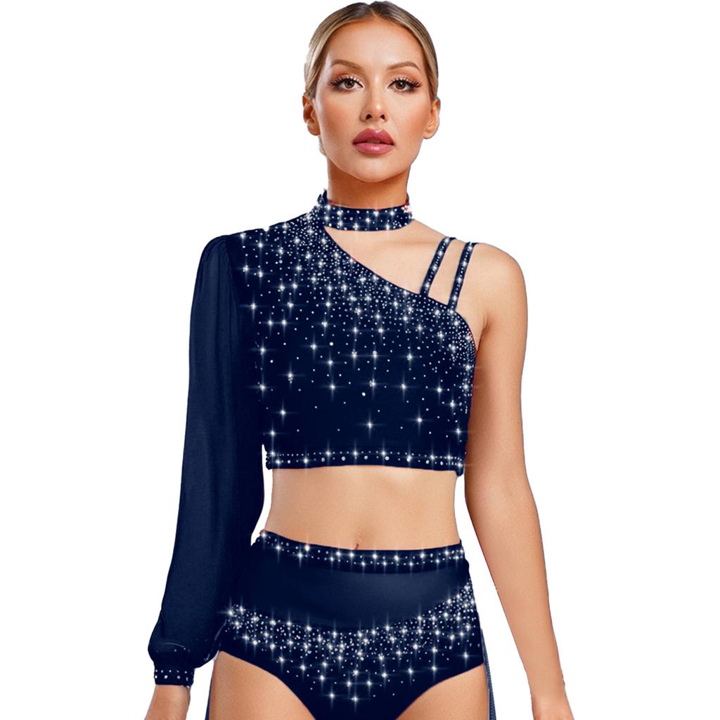 Womens Lyrical Dance Top Asymmetrical Sheer Mesh Long Sleeve Shiny Colorful Rhinestone Crop Top