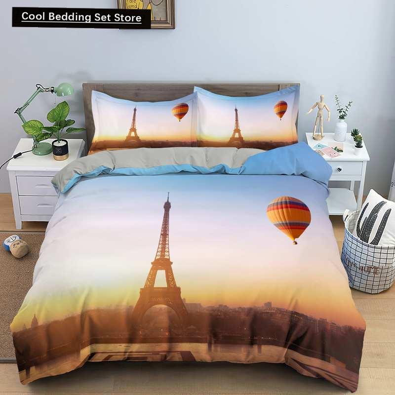 Пододеяльник с изображением парижской башни King Queen Знаменитые здания во Франции Комплект постельного белья для взрослых Розовый Романтический 2/3 шт. Полиэстеровый пододеяльник