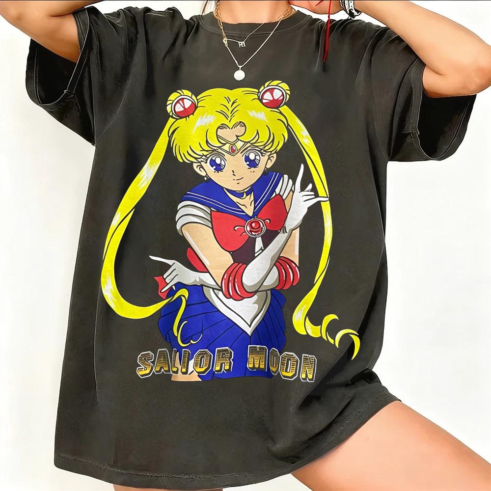 Sailor Moon Ретро 90-х Аниме Графическая Футболка Летняя Хлопковая Унисекс Женская Футболка Уличная Одежда Повседневный Тренд Короткий Рукав Пара Хип-Хоп Топ