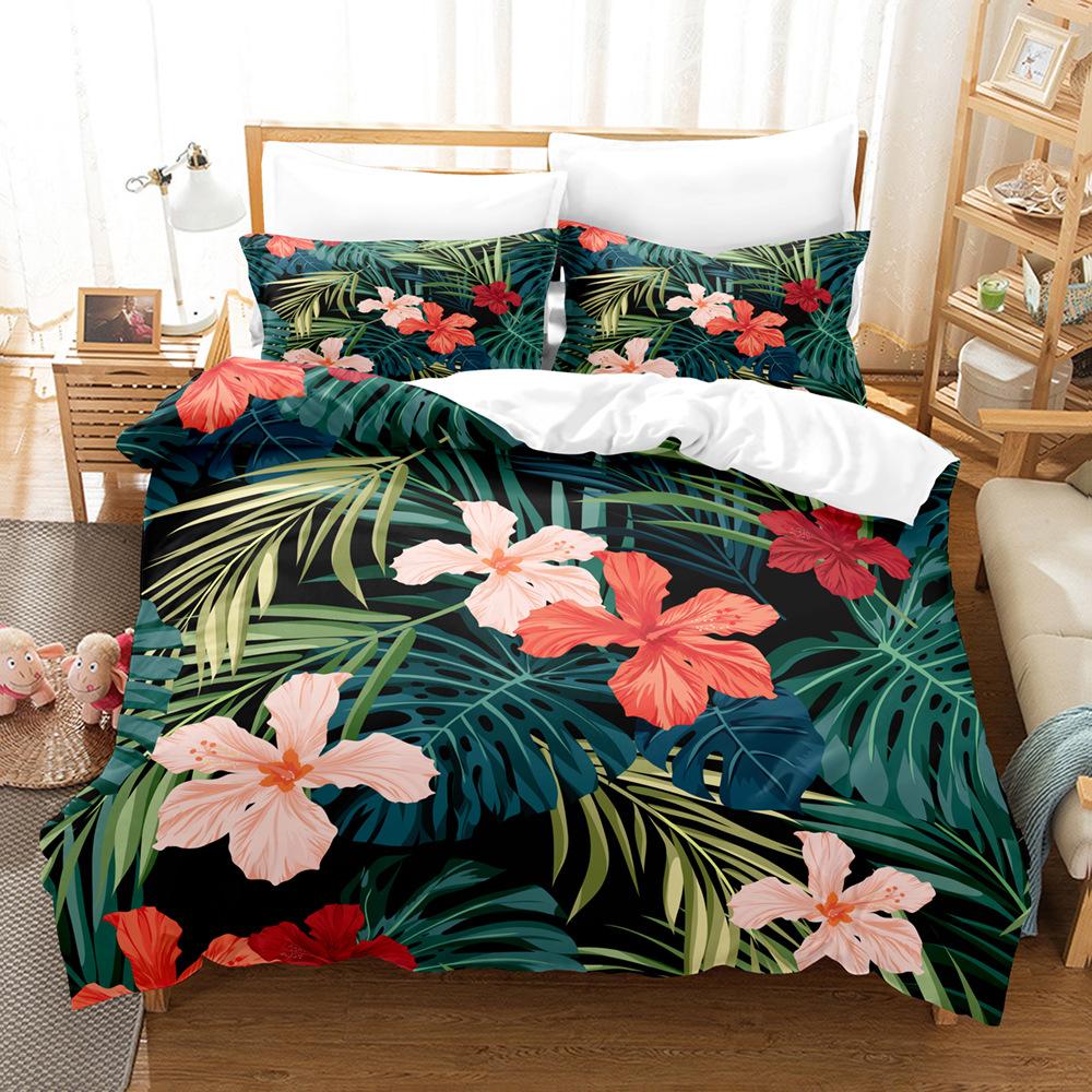3D Digital Printing Quilt Cover Tropical Plant Green Leaf Flower Three-Piece Set Abrasive Bedding