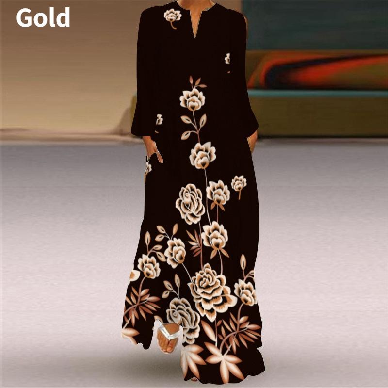 Женская мода Макси-платья с графическим принтом и V-образным вырезом с длинным рукавом Свободное платье длиной до пола Повседневное длинное платье с карманом