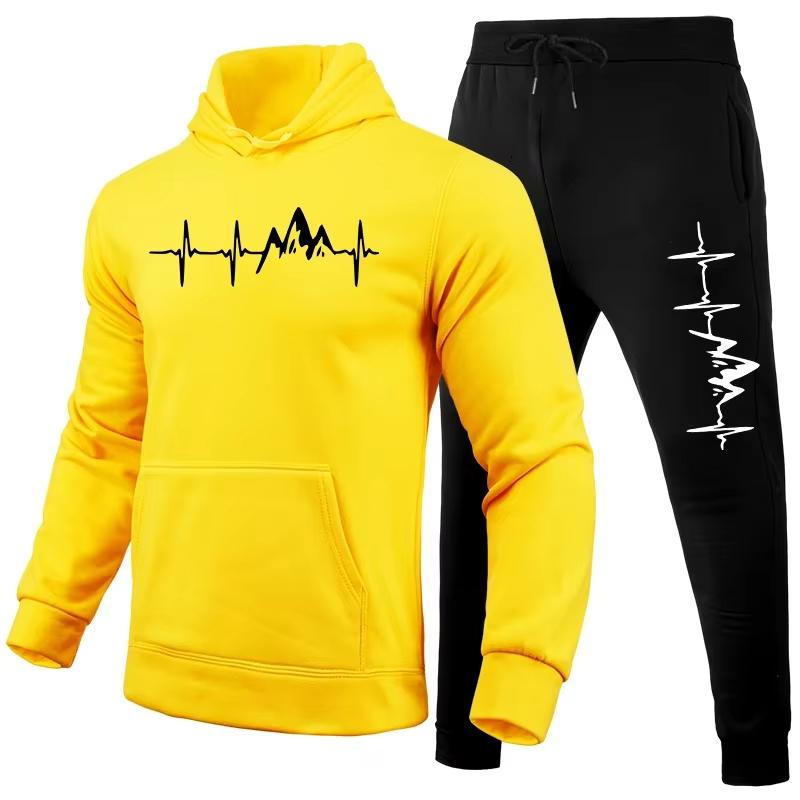 Trendy and Casual Printed Fleece-lined Men's Hooded Sweatshirt Set, Loose Fit Suitable for Autumn and Winter Home Wear.