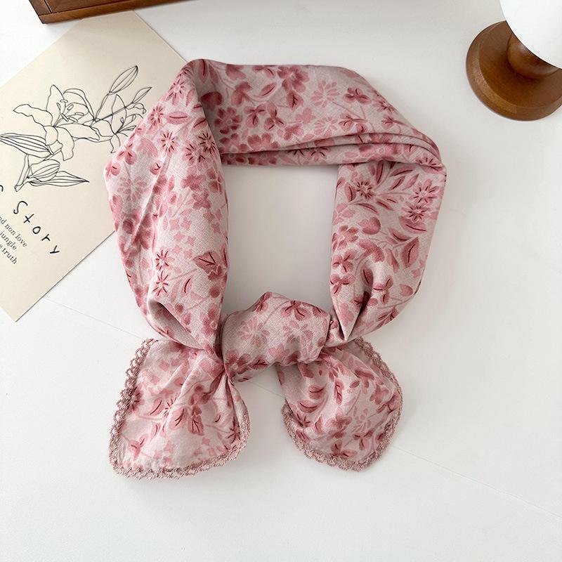 70% Cotton Linen Small Square Silk Scarf - Korean Style Floral Design for Versatile Neckwear and Decorative Use