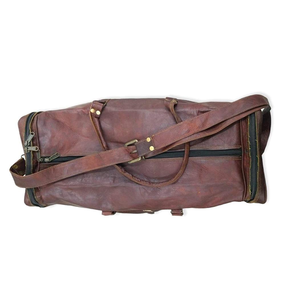 Men Goat Leather Gym Travel Bag Luggage Genuine Vintage Duffle Brown