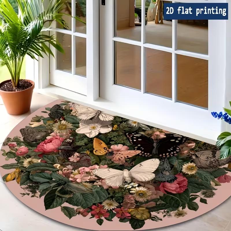 Vintage Floral Butterfly Half-Round Doormat Colorful Flower Butterfly Print Entrance Rug Boho Garden Carpet for Entryway Patio