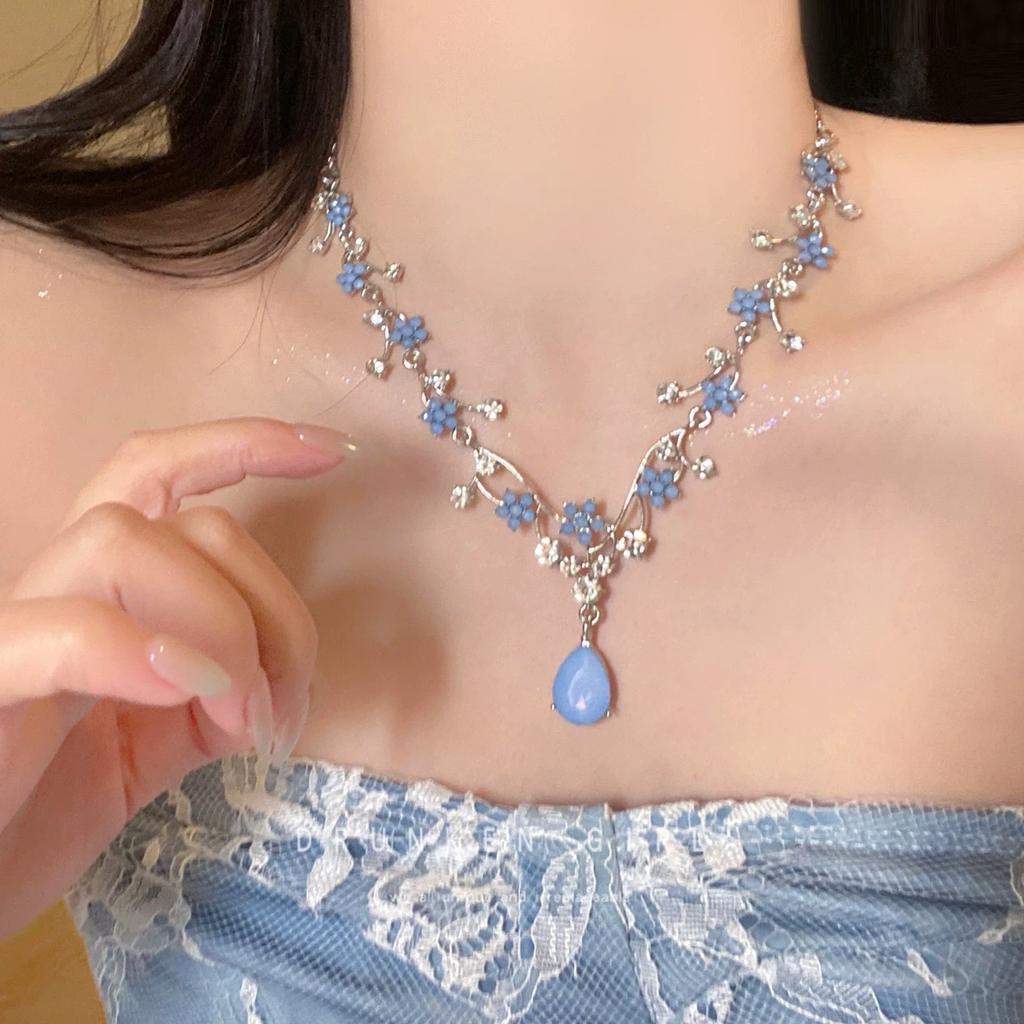 Premium Court Lily of the Valley Blue Water Drop Necklace Earrings Set, Gorgeous Temperament Dress Matching Decorative Jewelry for Girls