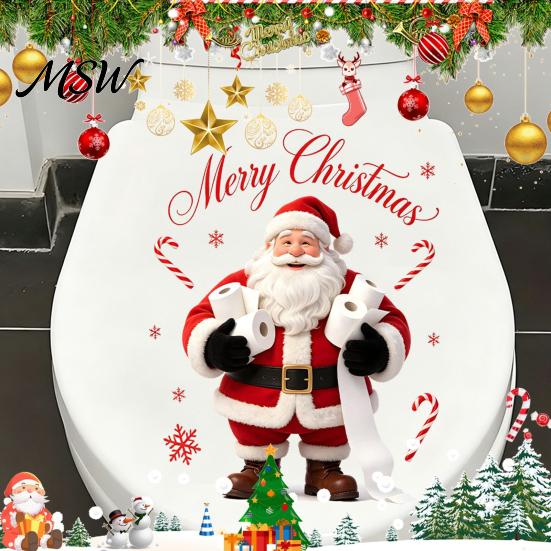 Winter Scene Decoration Funny Santa Hug Paper Toilet Sticker, Peel And Stick Christmas Claus Sticker Bathroom Decal, Humorous Holiday Decor