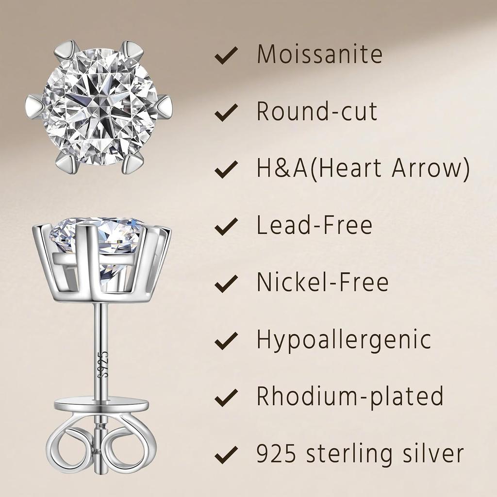 Moissanite Stud Earrings for Women Men, 925 Sterling Silver Earrings | Round Cut Lab Created Moissanite Diamond Stud Earrings, Hypoallergenic Rhodium