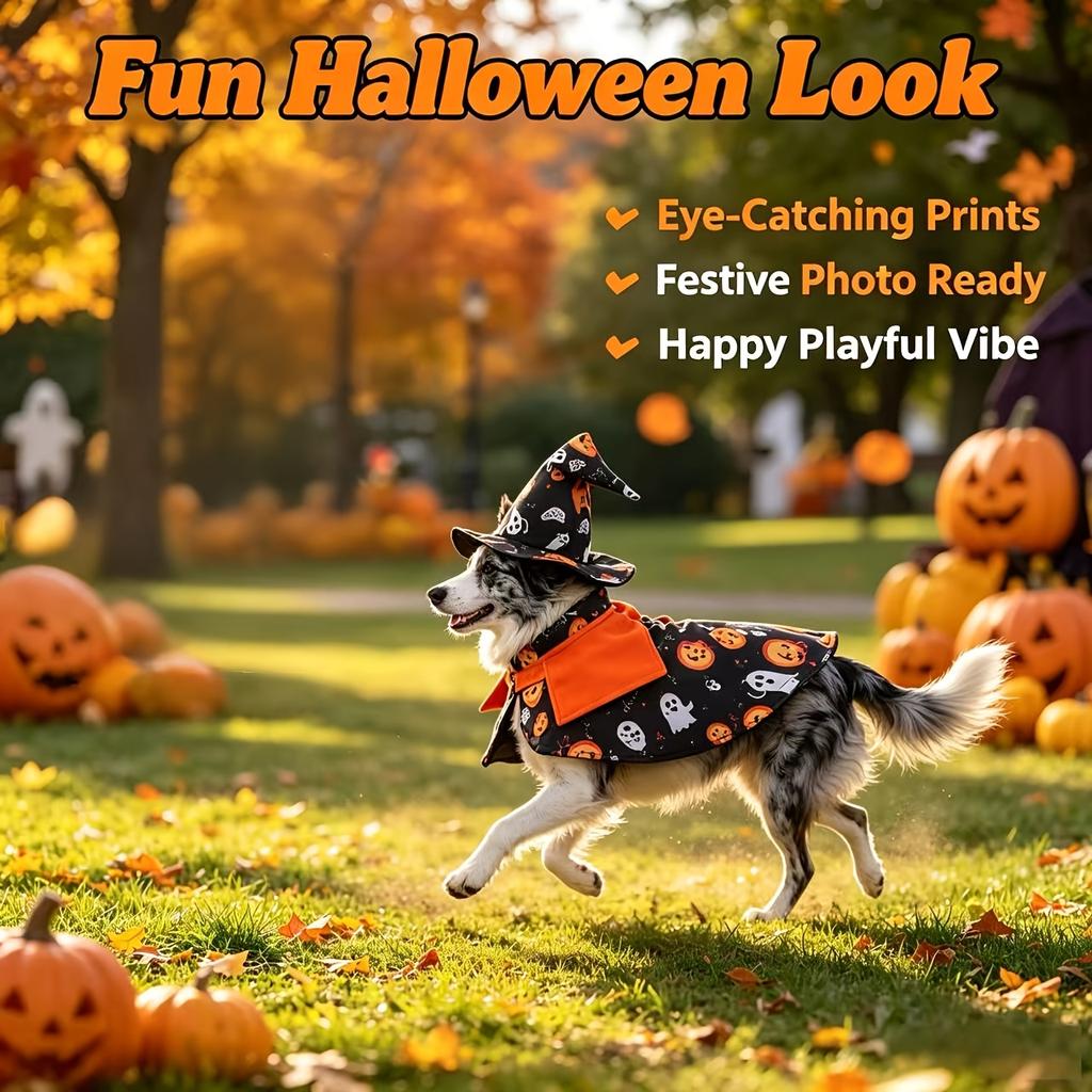 Pet Halloween Cosplay Outfit Cape and Witch Hat Set Dog Cat Cloak with Pumpkin Ghost Pattern Holiday Party Dress Up Photography