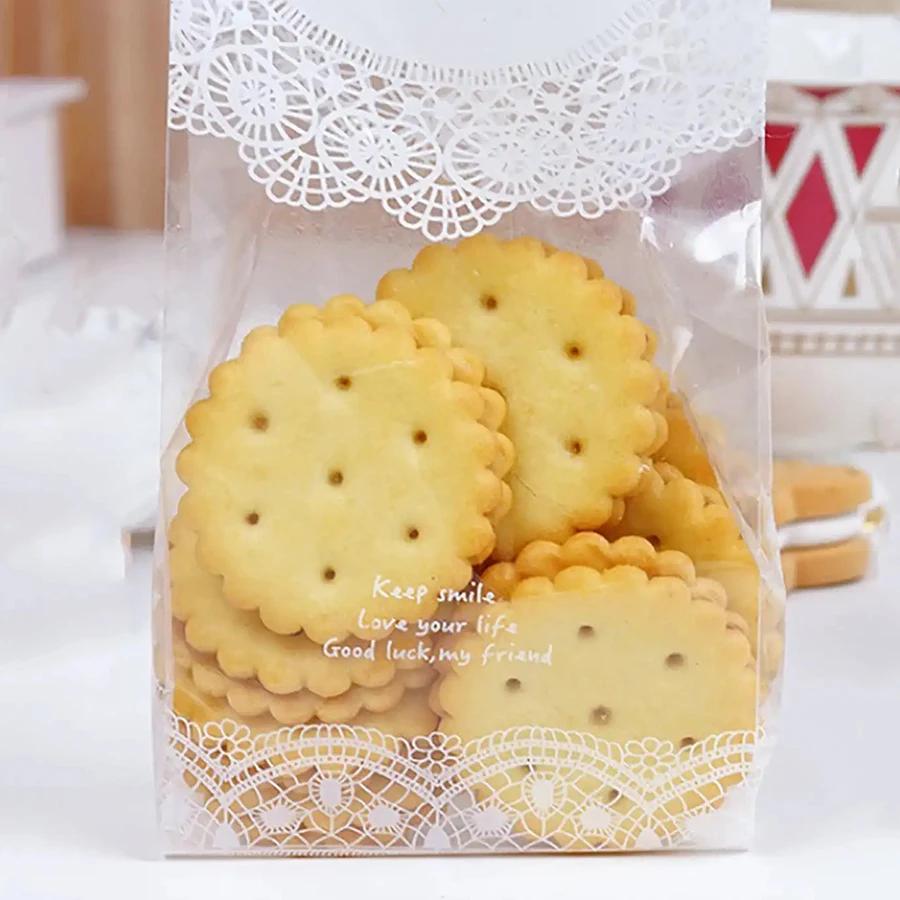 50/100 шт.-Белые пакеты с прозрачным матовым покрытием с рисунком снежинки и цветка, для нуги, печенья с клюквой, машинная запайка, праздничные сувениры, украшение для торта