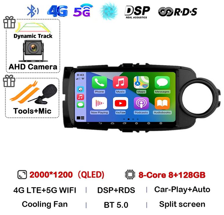 Android14 Carplay Auto For Toyota Yaris 2012 2013 2014 2015 2016 2017 Multimedia Car Radio Player WIFI+4G SIM Stereo DSP GPS RHD