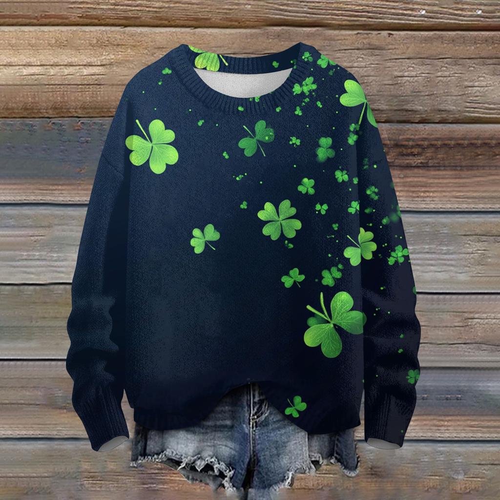 Женская мода вскользь с длинным рукавом St. Вязаный топ с круглым вырезом и принтом ко Дню Святого Патрика