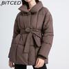 BITCED Cropped Cotton Jacket Winter Loose-Fit Casual Warm Stand Collar Belted Cotton Jacket