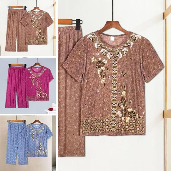 2 шт./компл. женский пижамный комплект среднего возраста с круглым вырезом и вышивкой, с коротким рукавом, большие размеры, эластичная талия, плиссированные