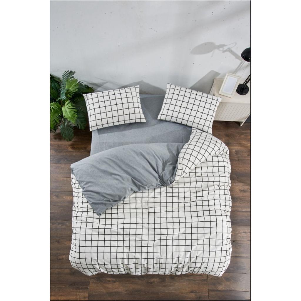 White Square Anthracite Single Duvet Cover Set With Rubber Sheet And 1 Pillow Case