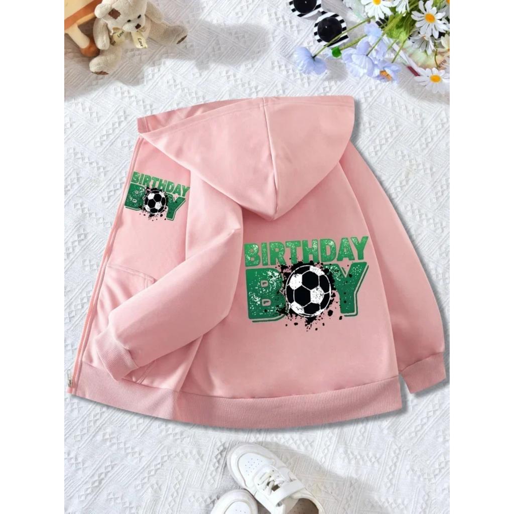 Kids Light Pink Full Zip Hooded Coat Birthday Boy Football Graphic Soft Long Sleeve Outerwear For Birthday Party