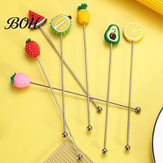 Stir Stick Cocktail Stick, Stainless Steel Mixing with Durian Pineapple Strawberry Mixer Watermelon Rubber Top Decor, Drink Stirrer for Bar