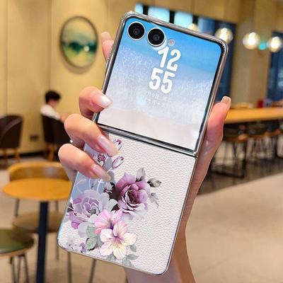 Яркий Цветочный Чехол из ПУ Кожи для Телефона Samsung Galaxy Z Flip7 FE Flip6 Flip 7 6 5 5G Серебристая Рамка Жесткая Складная Крышка