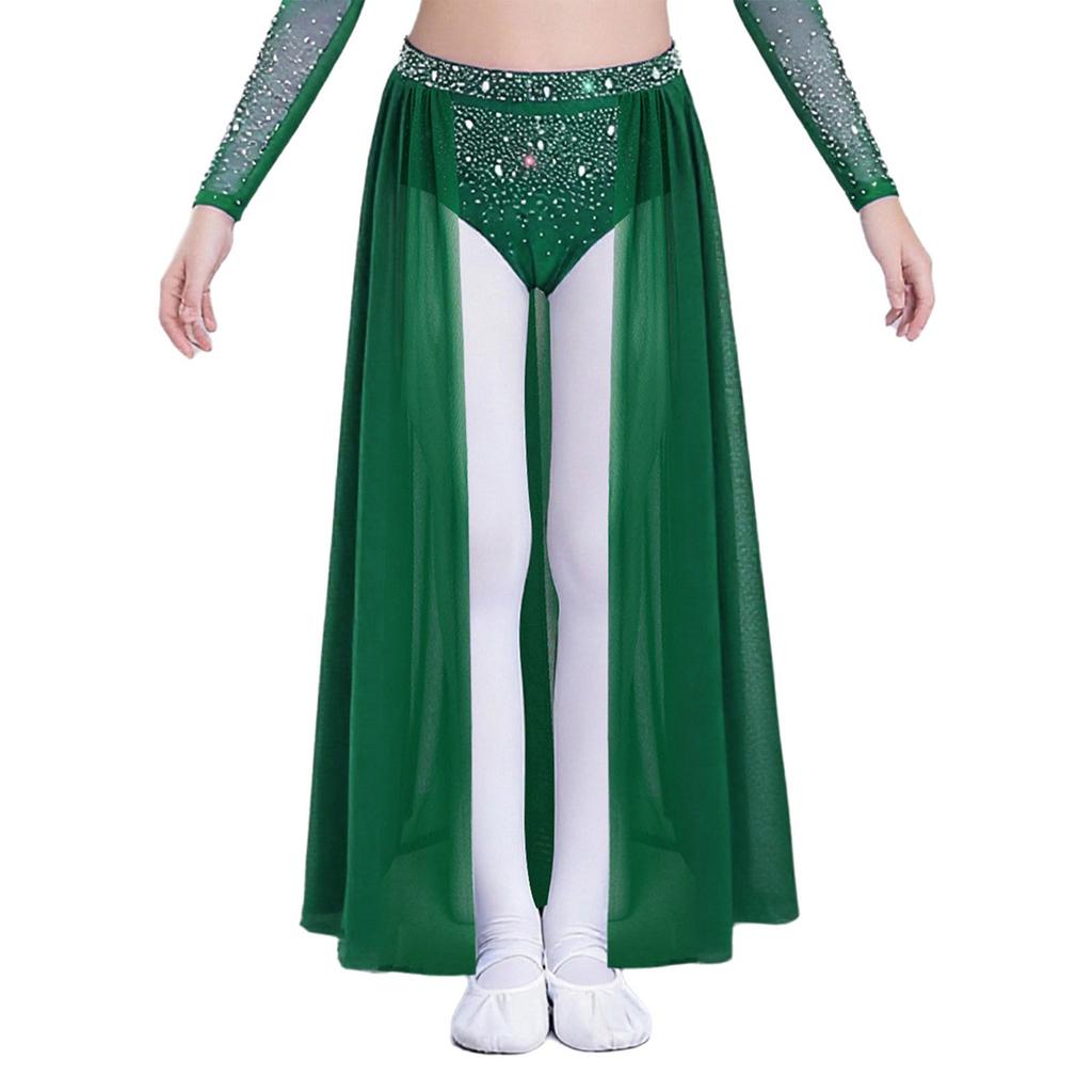 Complete Stage Look Skirt for Girls: Sparkling Rhinestone Accent on Flowy Sheer Mesh, Includes Secure Built-in Shorts