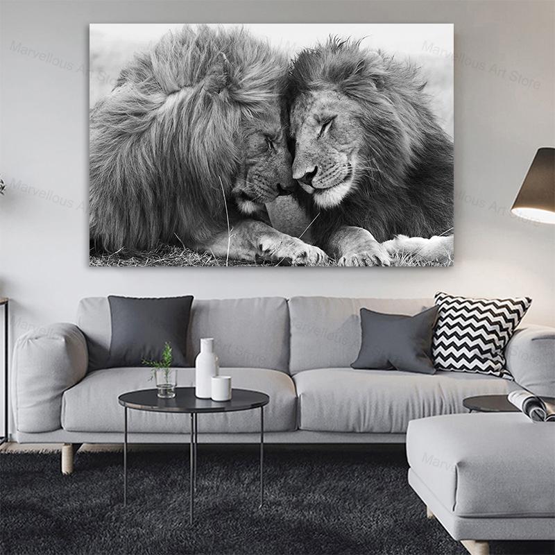 Черно-белые львы, картины на холсте на стене, художественные постеры и принты, африканские животные, голова к голове, картина Куадрос, домашний декор