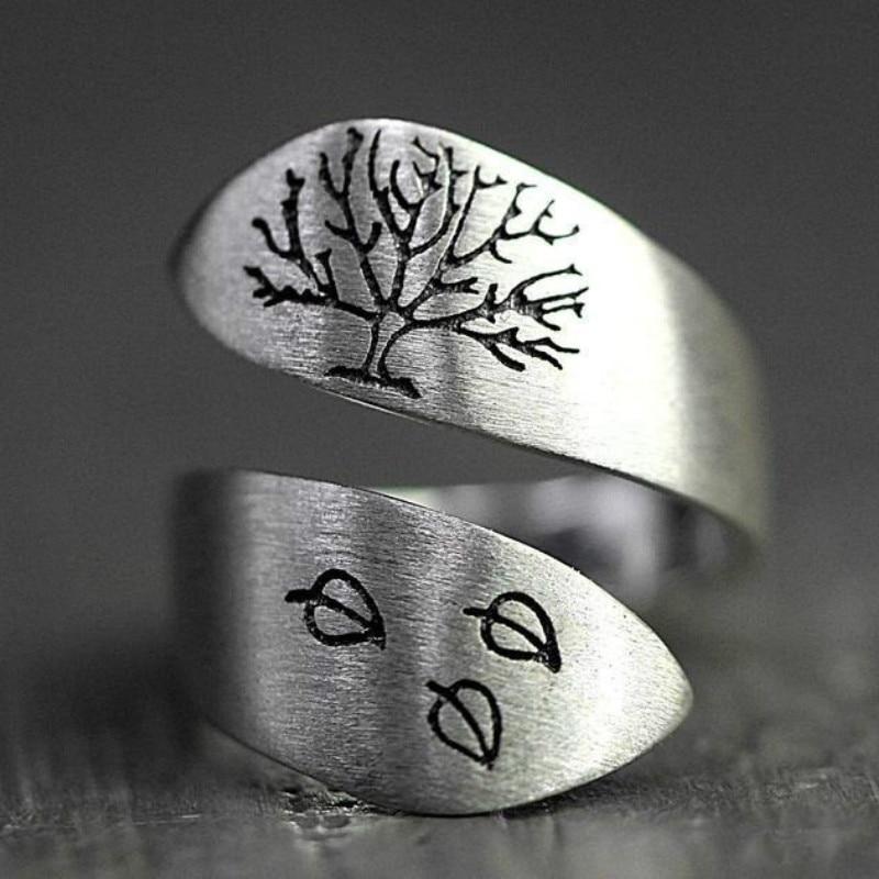 Vintage 925 Silver Drawing Craft Three Leaves Tree Of Life Open Ring Gift Jewelry Ring Wholesale