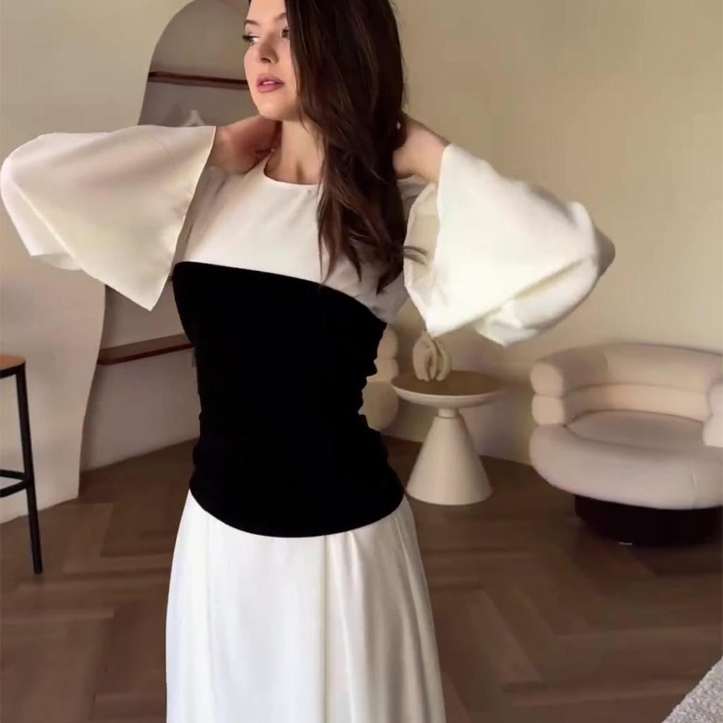 Осень 2023 Черно-белое лоскутное платье макси для светской львицы, стройнящее талию, для женщин