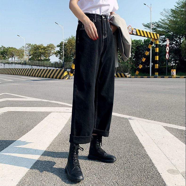 Черные свободные широкие джинсы с высокой талией, женские тонкие прямые брюки весной и осенью