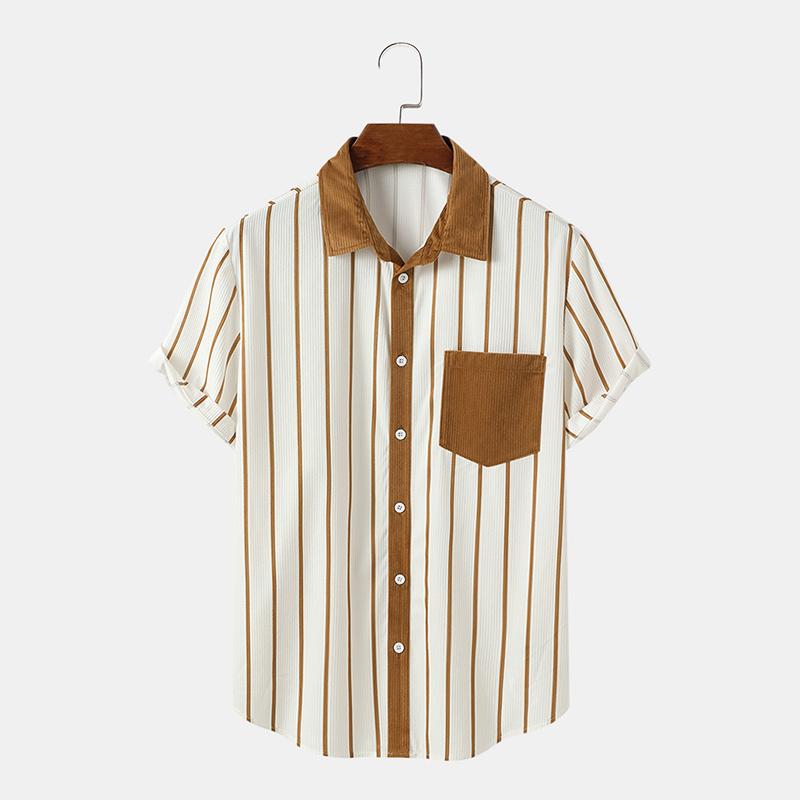 ChArmkpR Мужские летние вельветовые полосатые футболки с короткими рукавами и лацканами с карманом