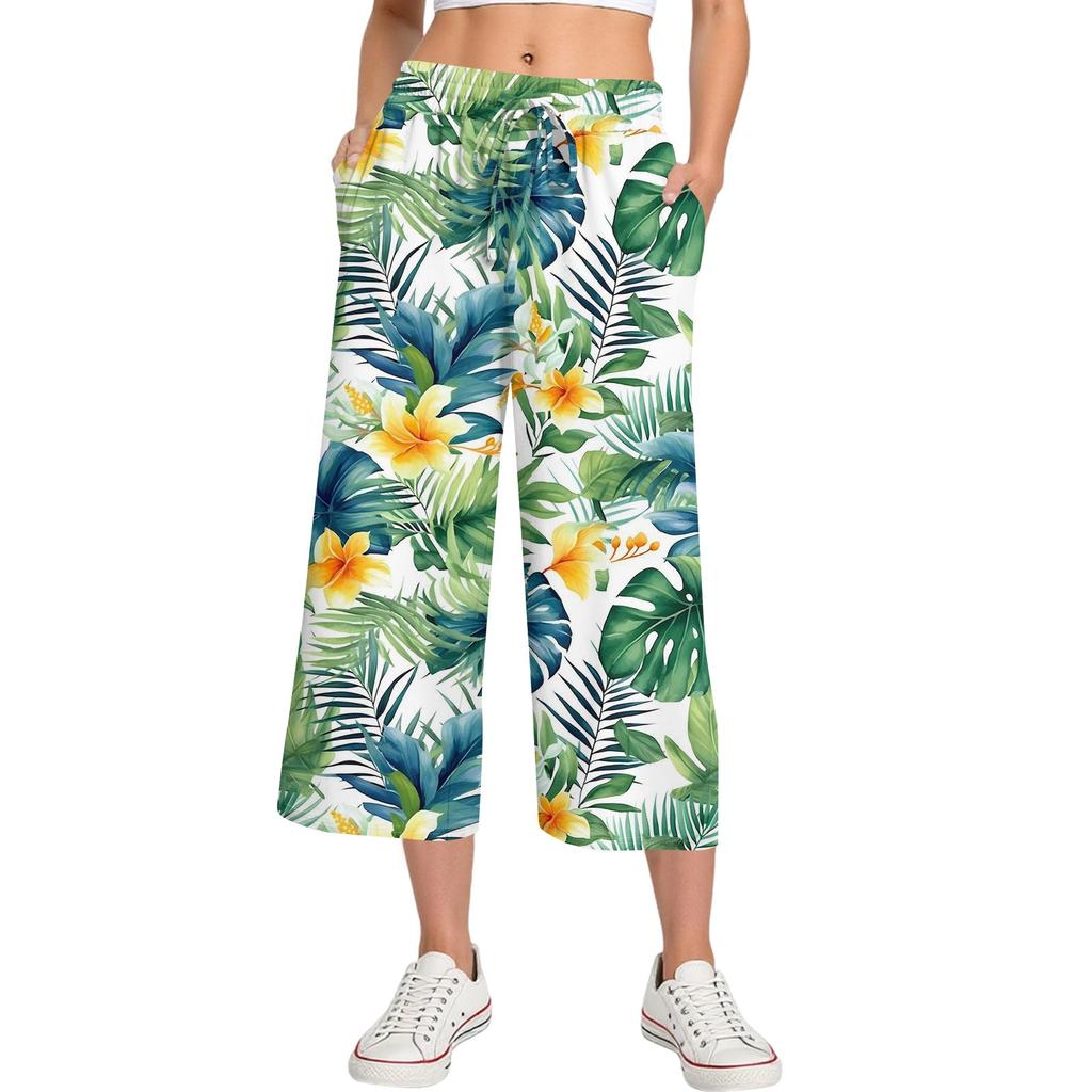 Женские летние повседневные спортивные брюки с высокой талией и принтом, укороченные брюки свободного покроя