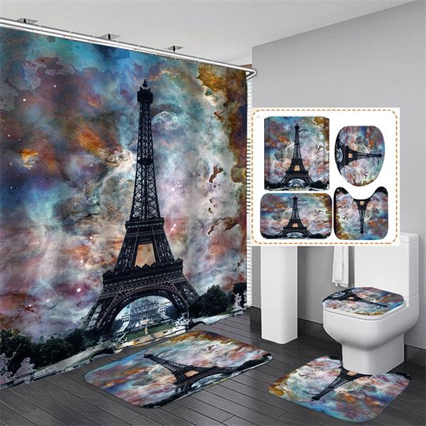 HOT 4PCS Paris Eiffel TowerWaterproof Shower Curtain Bathroom Toilet Seat Cover Mat Home Room Carpets Rugs Bath Mat