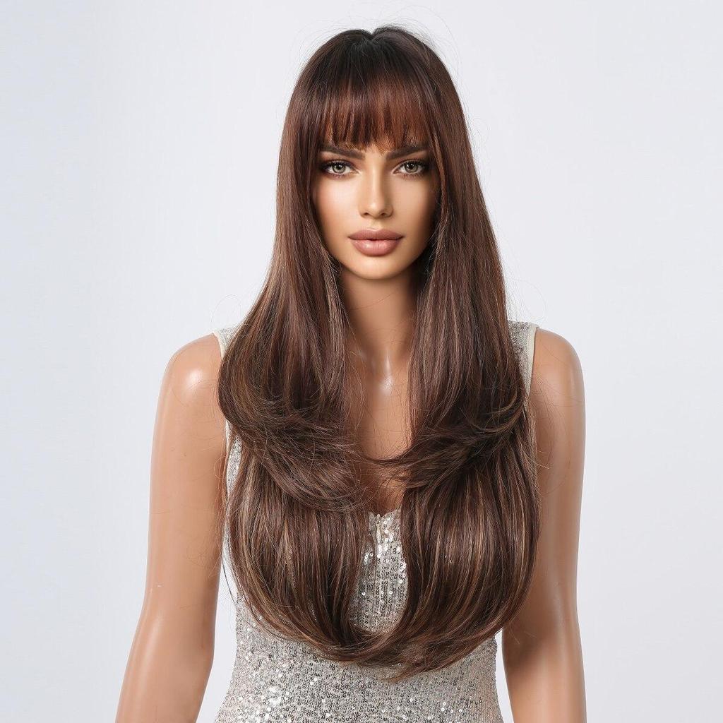 EASIHAIR Brown Synthetic Wigs with Bangs Long Straight Natural Hair Wigs for Women Daily Cosplay Wig Heat Resistant Fiber