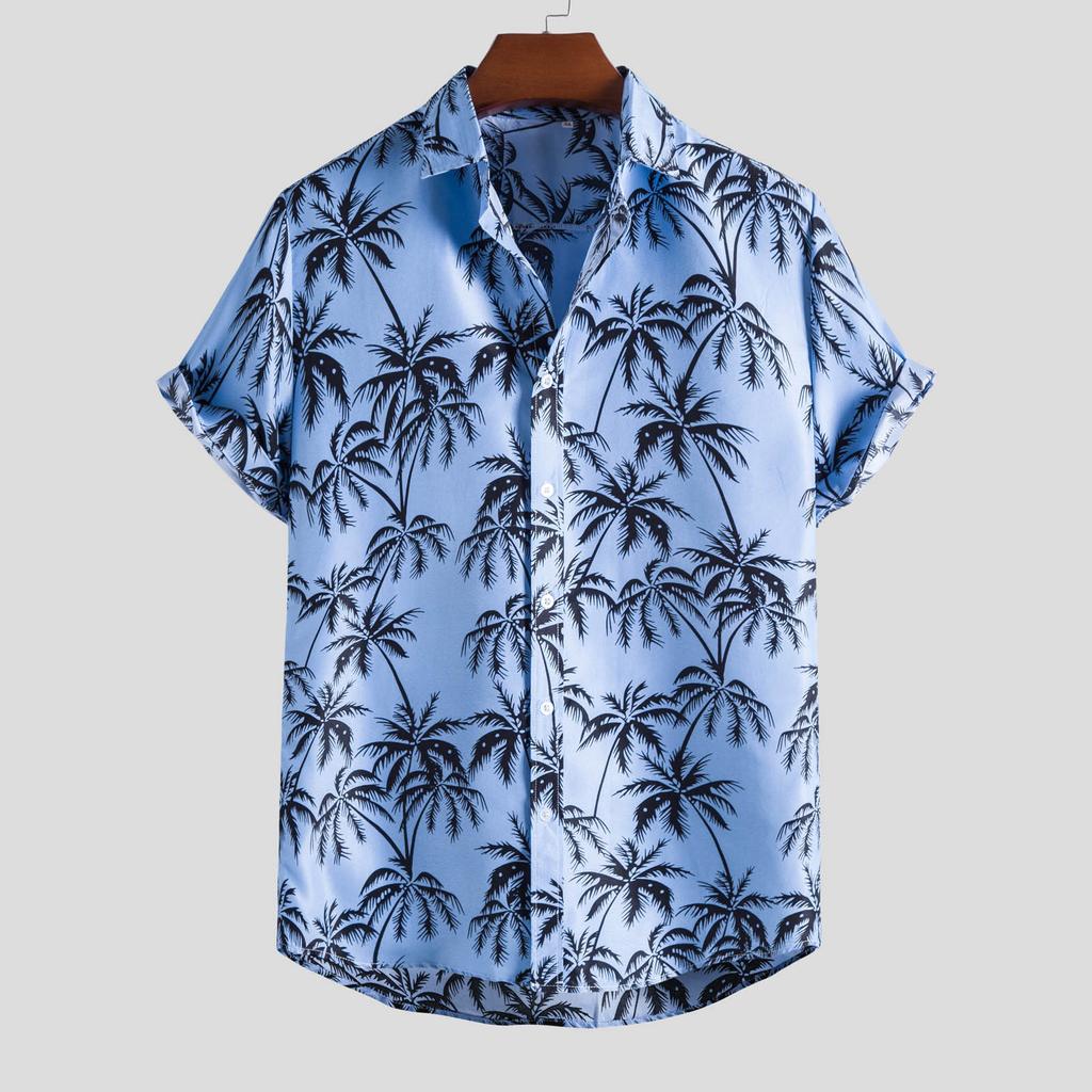 Men Spring Summer Casual Slim Printed Short Sleeve Beach Shirts Top Blouse