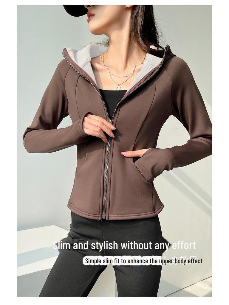 Женская облегающая куртка для йоги с капюшоном H675 - осенне-зимний бархат, утолщенная, ветрозащитная, теплый верх