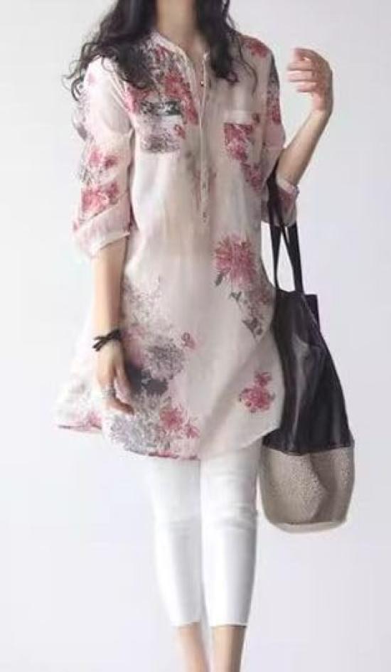 Милый пуловер с рукавами с красивым цветочным узором и топ для длинной резинки с туникой, летняя рубашка, рубашка с ретро-узором, женская свободная туника, светло-розовая