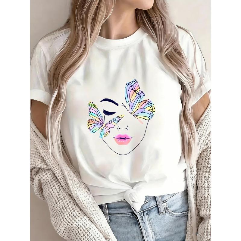 White T Shirt With Butterfly Face Print For Casual Wear