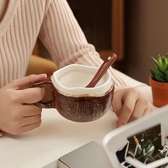 Прочная керамическая миска для овсянки, винтажная кружка из скорлупы кокоса, ручная работа, неровная кофейная чашка с ложкой, термостойкая кружка для горячих напитков, деревенская текстура