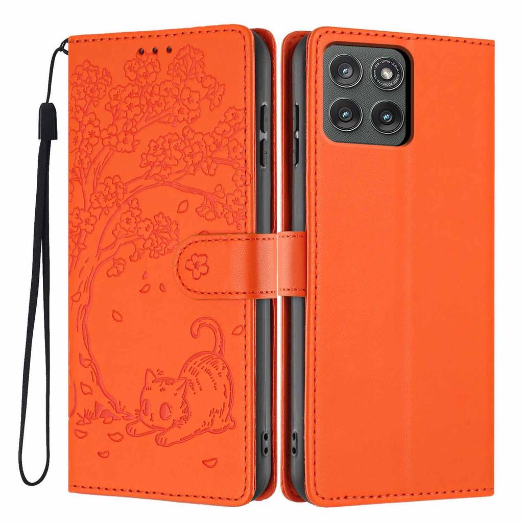 For Motorola Edge (2025) 5G Stand Case Tree-and-Cat Pattern PU Leather Wallet Protective Phone Cover with Wrist Strap