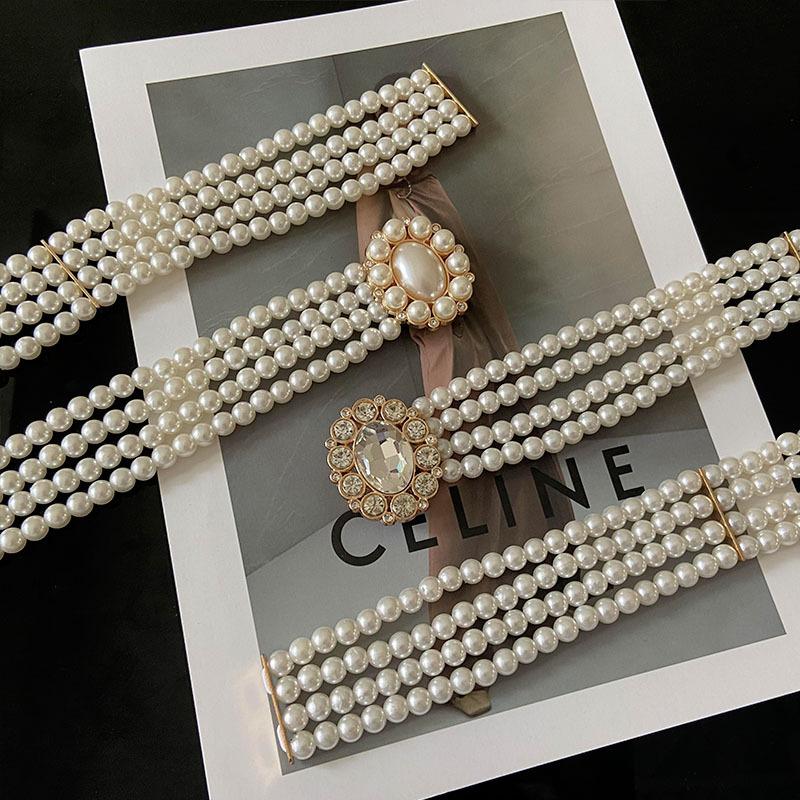 Жемчужный пояс женский, Декоративная женская поясная цепочка Простой со стразами и бусинами Эластичный пояс-корсет