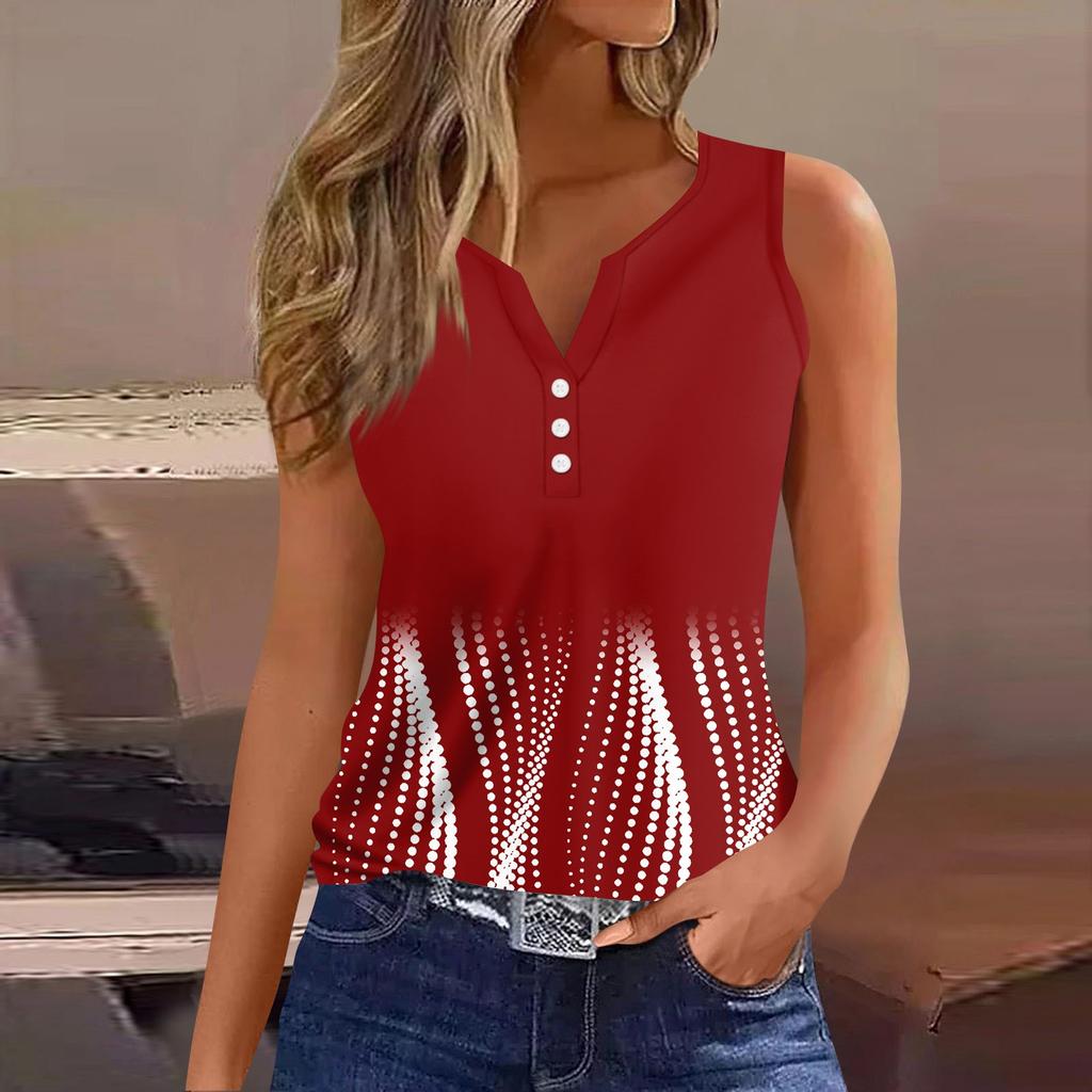 Жен. Футболка Футболка С принтом Пуговицы Без рукавов Повседневные Выходные Мода Классический V-образный вырез Обычный Верх