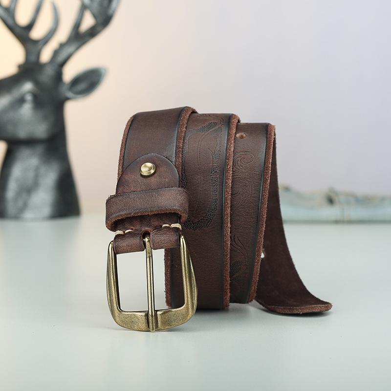 Ретро Личность Первый Слой Коровьей Кожи Гравированный Ремень Мужской Кожаный С Пряжкой-Иголкой Легкий Модный Джинсовый Повседневный Ремень для Брюк