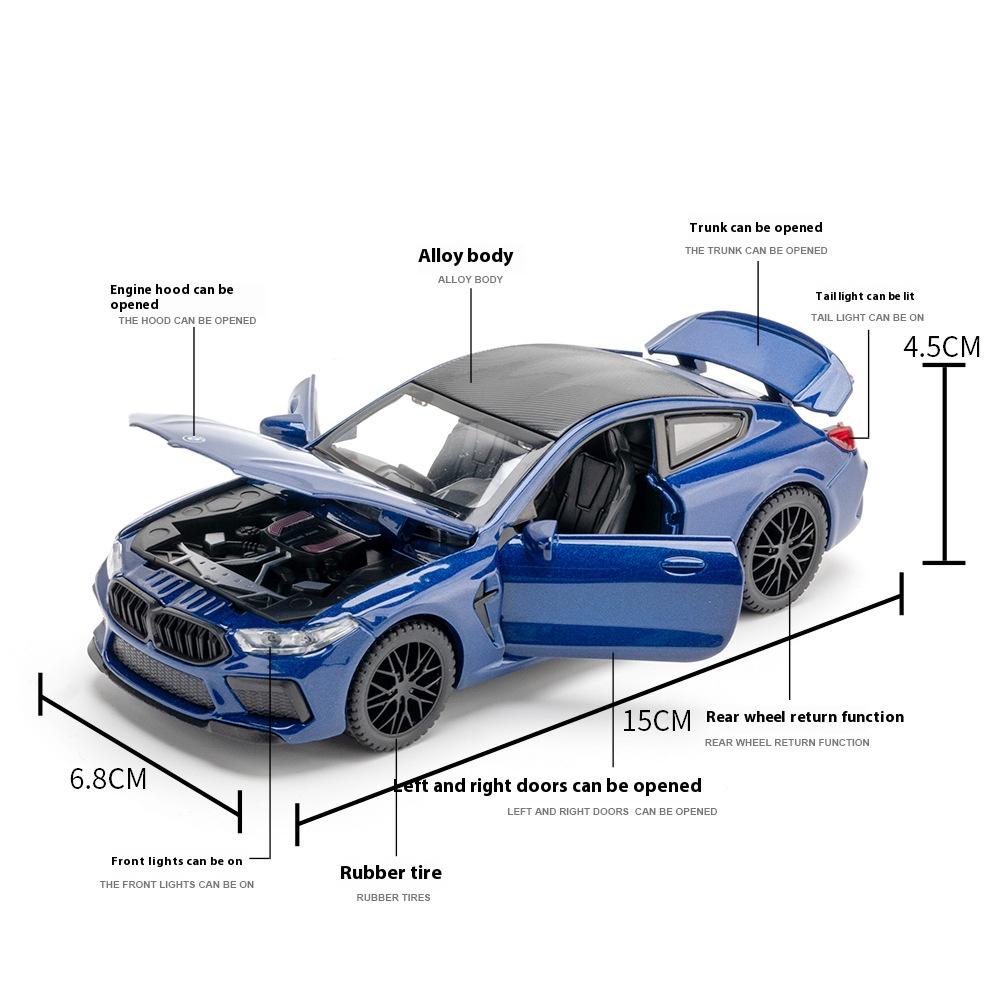 Масштаб 1/32 Модель автомобиля BMW M8 из сплава, Звук и свет, Инерционный механизм, Игрушка для детской комнаты и Предмет коллекционирования