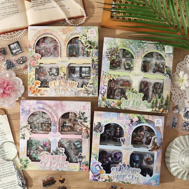 100Pcs Vintage Stickers Box Set Retro Aesthetic Stickers for DIY Scrapbooking Journal Planner Craft Stationery Gift Box