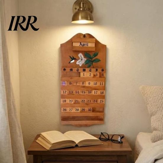 Wooden Flip Calendar Handmade Vintage Perpetual Reusable Wall Mounted Adjustable Date with Interchangeable Blocks Rustic Hummingbird Floral