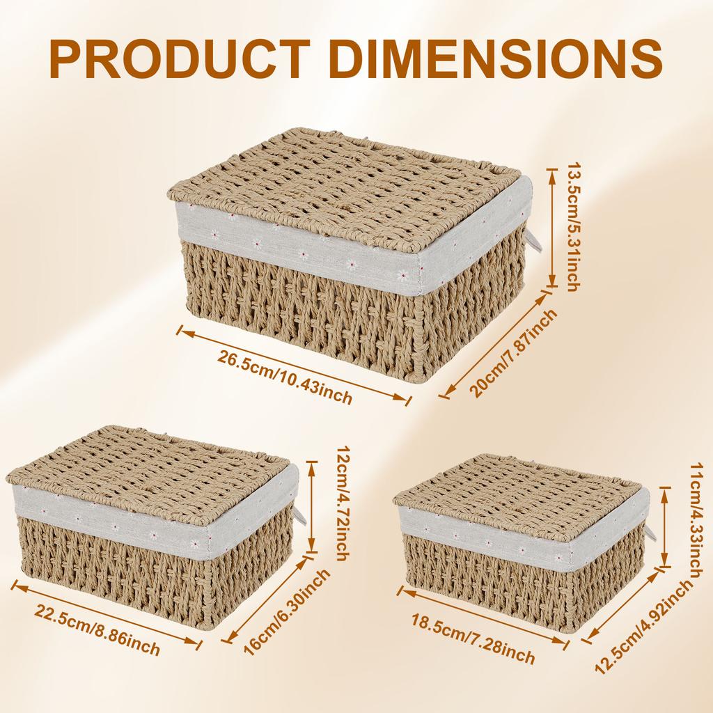 3 шт. Хлопково-льняная плетеная корзина для хранения, ручной работы, с крышкой, контейнер для косметики/полотенец, коробка для хранения, бытовые корзины