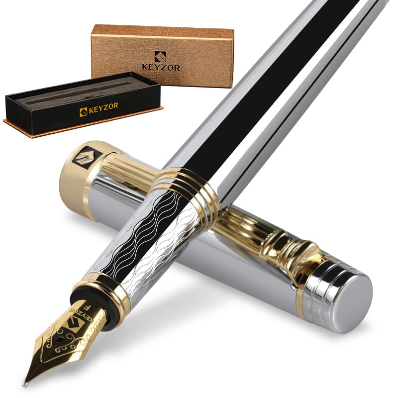 Keyzor Luxury Fountain Pen Fancy Silver 24K Gold Plated Fine Converter Gift Journaling Calligraphy Smooth Writing Pen for Women Men - Pen, Nib,