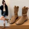 Soft Leather Version~ Soft Leather Thin Pointed Thick Heel Short Boots Women's Autumn and Winter New Stacking Boots Western Cowboy Boots Martin Boots