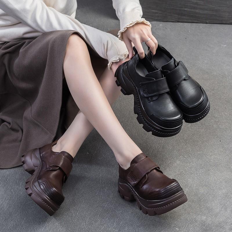 Johnature Туфли в стиле ретро с круглым носком и толстой подошвой. Повседневные женские туфли на платформе с застежкой-липучкой из натуральной кожи.