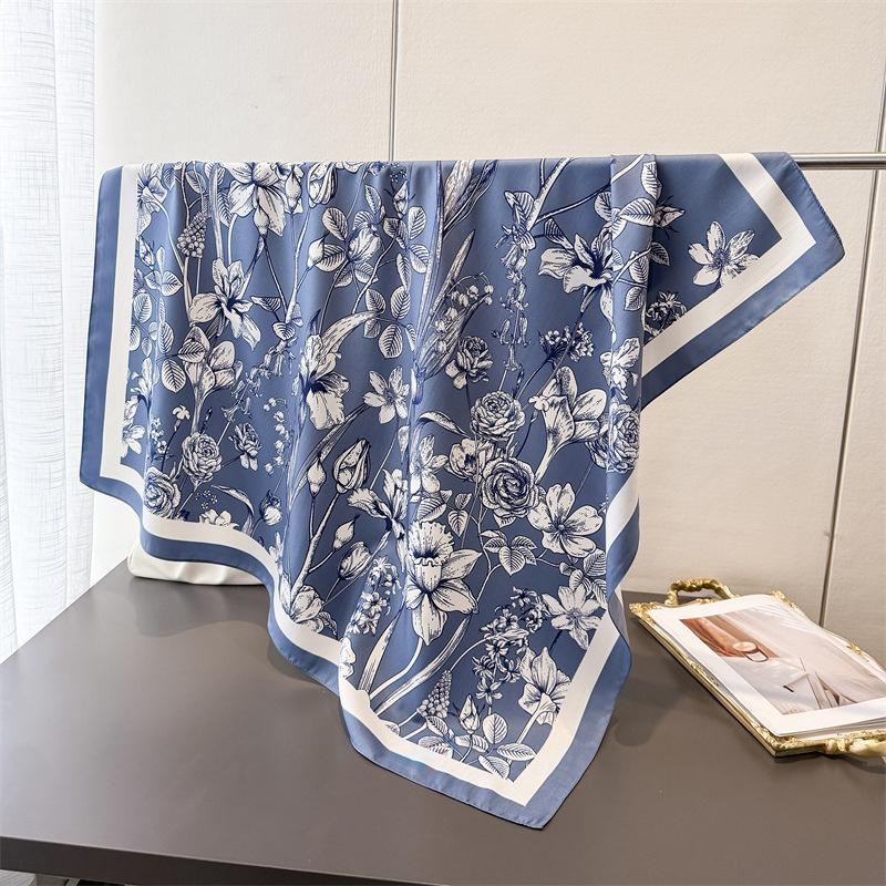 90Cm Floral Print Twill Silk Scarf Fashion Shawl Luxury Brand Square Scarf Women Hijab Bandana Foulard Neckerchief Head Scarves