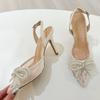 Liyke Fashion White Pearl Bowknot Women Pumps Sexy Mesh Pointed Toe Rhinestone Heels Party Prom Shoes Female Slingback Sandals