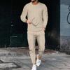 2025 Men's Waffle Round Neck Solid Color Long Sleeve and Long Pants Casual Sports Suit.